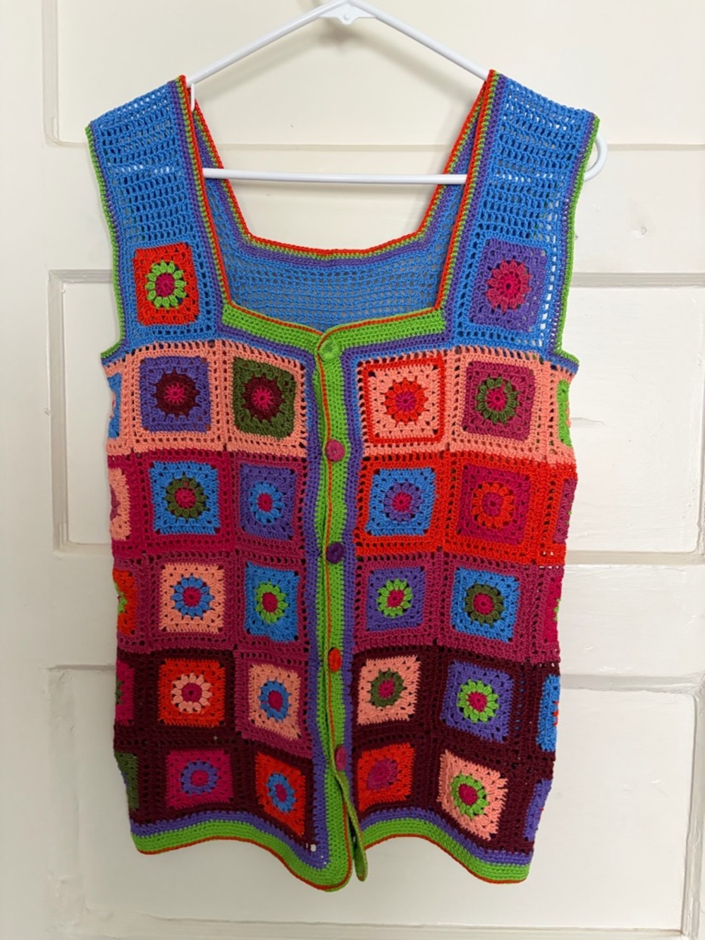 Hand Crafted Multicolor Crochet Square Tank Top - Blue, Red, Pink, Green, Purple